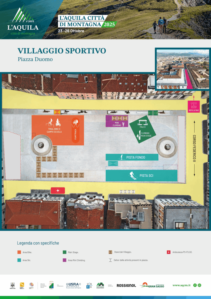 L'Aquila città di montagna - La mappa del Villaggio Sportivo in Piazza Duomo